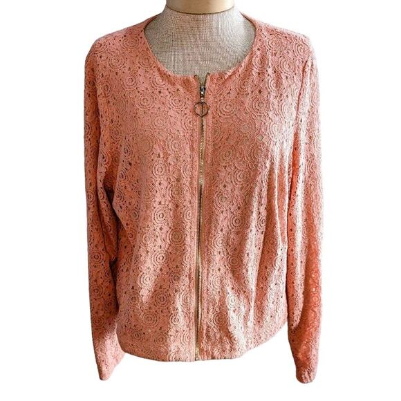 Justfab Pretty Feminine Dusty Pink Stretch Lace Gold Zip Lined Jacket Sz L - Picture 1 of 6